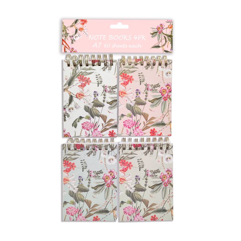 4 Pack Floral Deluxe A7 Spiral Notebook 70g - 60 Sheets