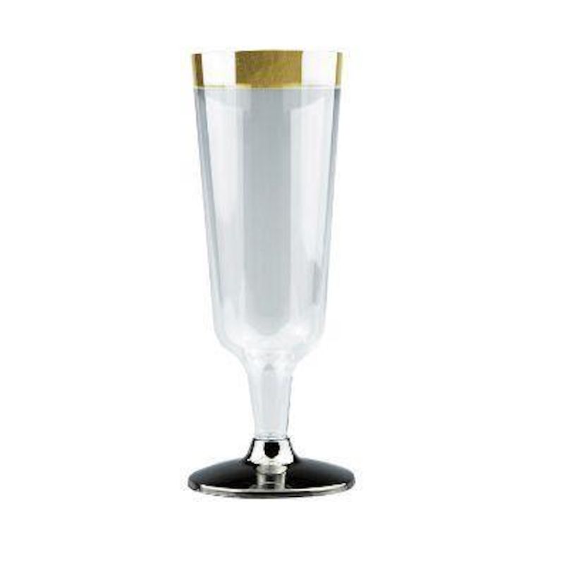 6 Pack Clear Hard Plastic Champagne Glasses With Gold Rim - 150ml