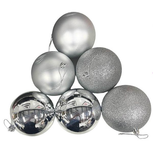 6 Pack Silver Christmas Baubles - 10cm