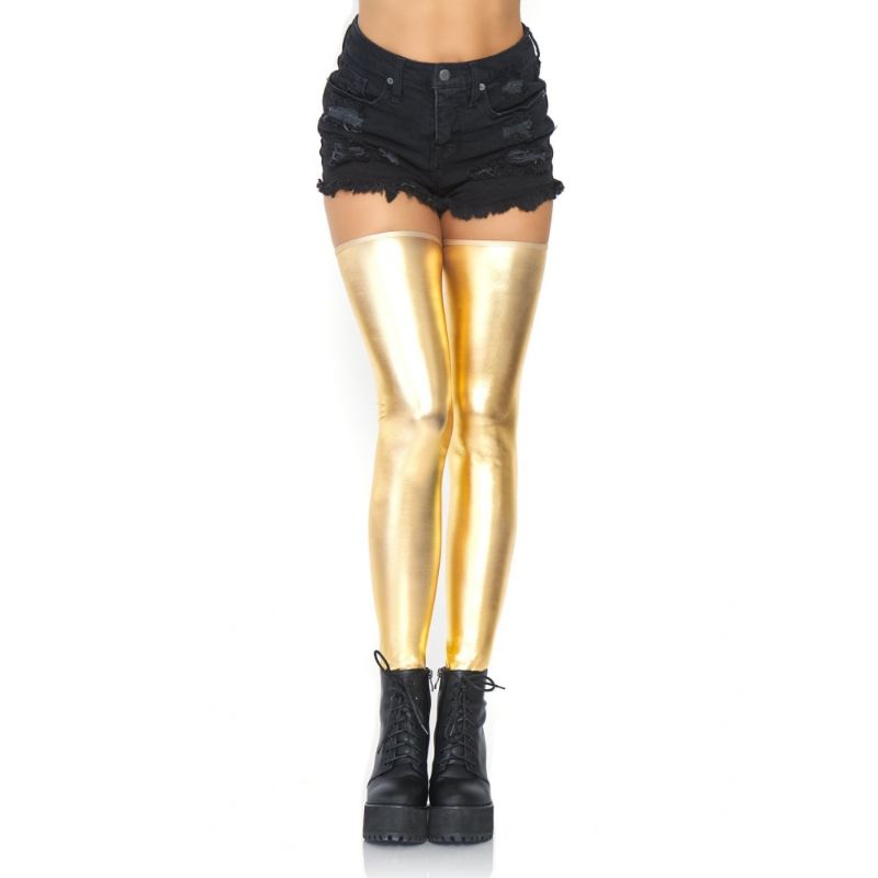 Womens Gold Wet Look Thigh Highs - M/L