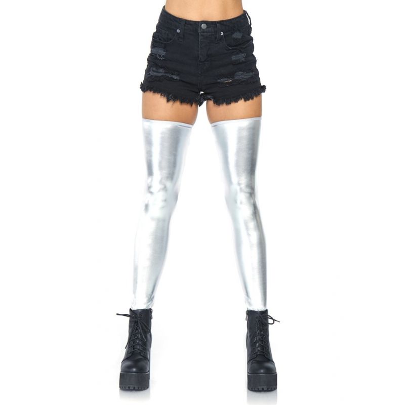 Womens Silver Wet Look Thigh Highs - M/L