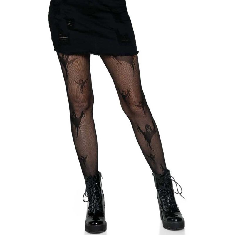 Womens Black Spooky Ghost Fishnet Tights