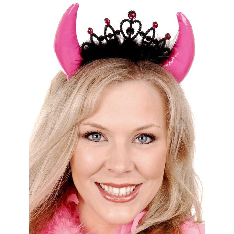 Hot Pink Devil Horn Headband Crown with Black Feathers - One Size Fits Most