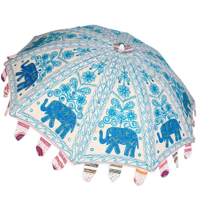 Blue Heavily Embellished & Embroidered Beach Umbrella - 180cm x 180cm x 210cm