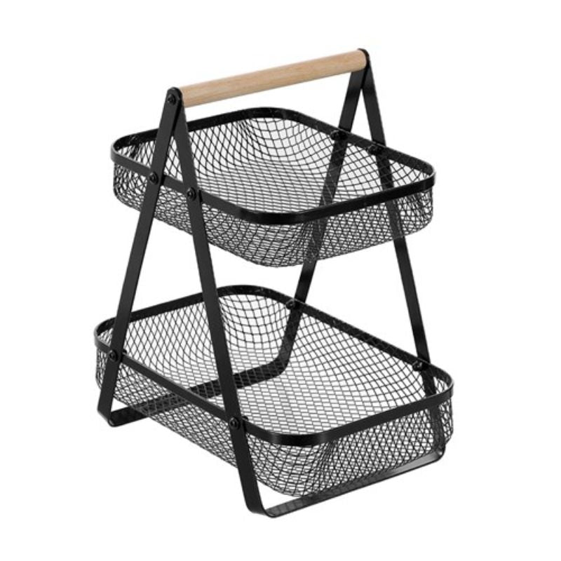 Boxsweden Black Mesh 2 Tier Bench Top Stand with Wooden Handle - 27cm x 17cm x 29cm