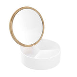 Load image into Gallery viewer, Boxsweden Bano White Round Organiser Box with Mirror Bamboo Top - 14cm x 14cm x 5cm
