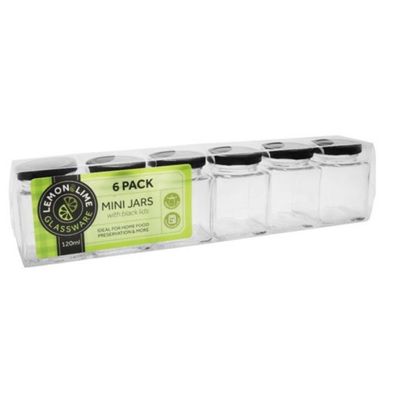 6 Pack Glass Square Jars with Black Lid - 120ml
