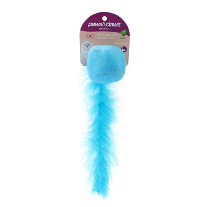 Blue Plush Catnip Ball with Feather Tail
