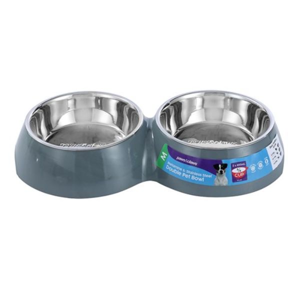 Stainless Steel Grey Non Slip Melamine Double Pet Bowl - 400ml