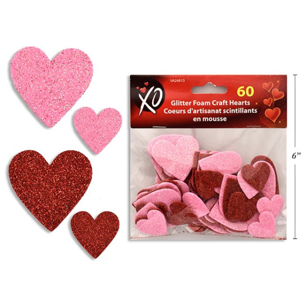 60 Pieces Glitter Foam Craft Hearts - 2.5cm - 3.8cm