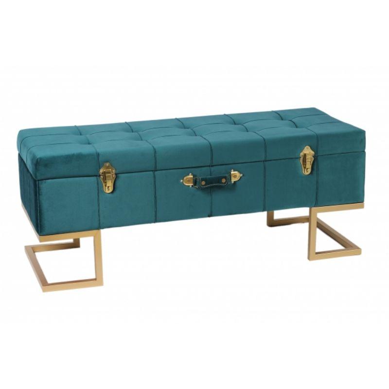 Velvet Peacock Blue Storage Ottoman in Gold Iron Base - 105cm x 40cm x 42cm