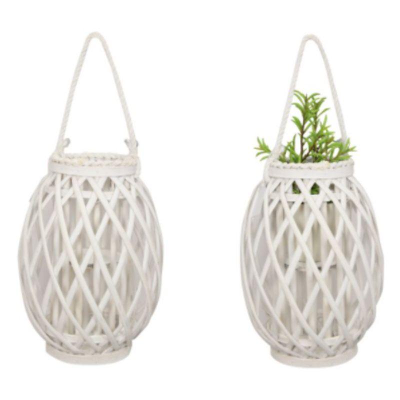 White Wicker Plant Holder with Glass Holder - 32cm