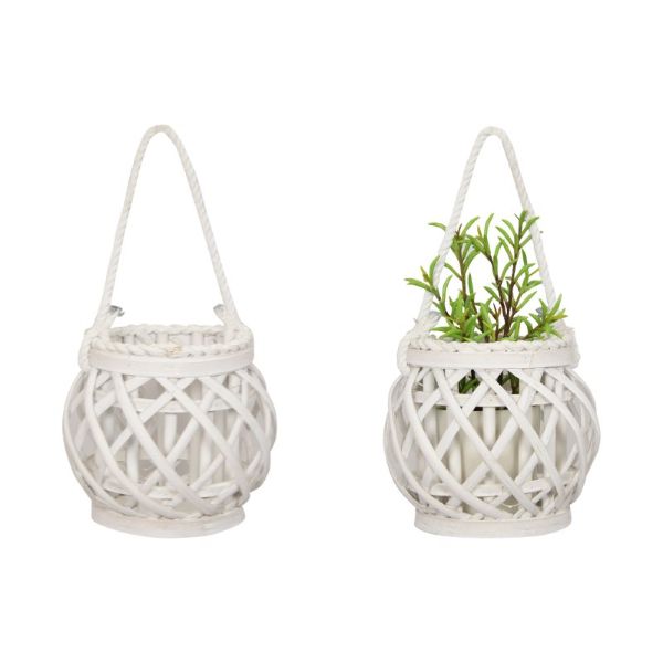 White Wicker Plant Holder with Glass Holder - 16cm