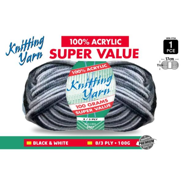 1 Pack Black & White Knitting Yarn - 100g