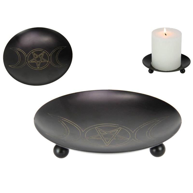 Black Iron Triple Moon Offer Plate Candle Holder - 11cm