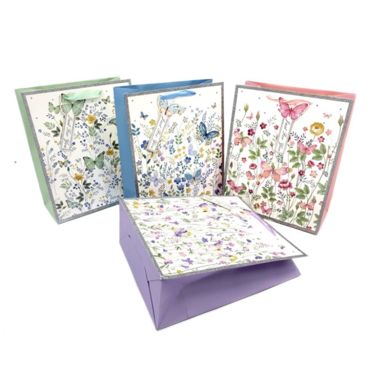 Glitter Floral & Butterfly Large Gift Bag - 26cm x 32cm x 12cm