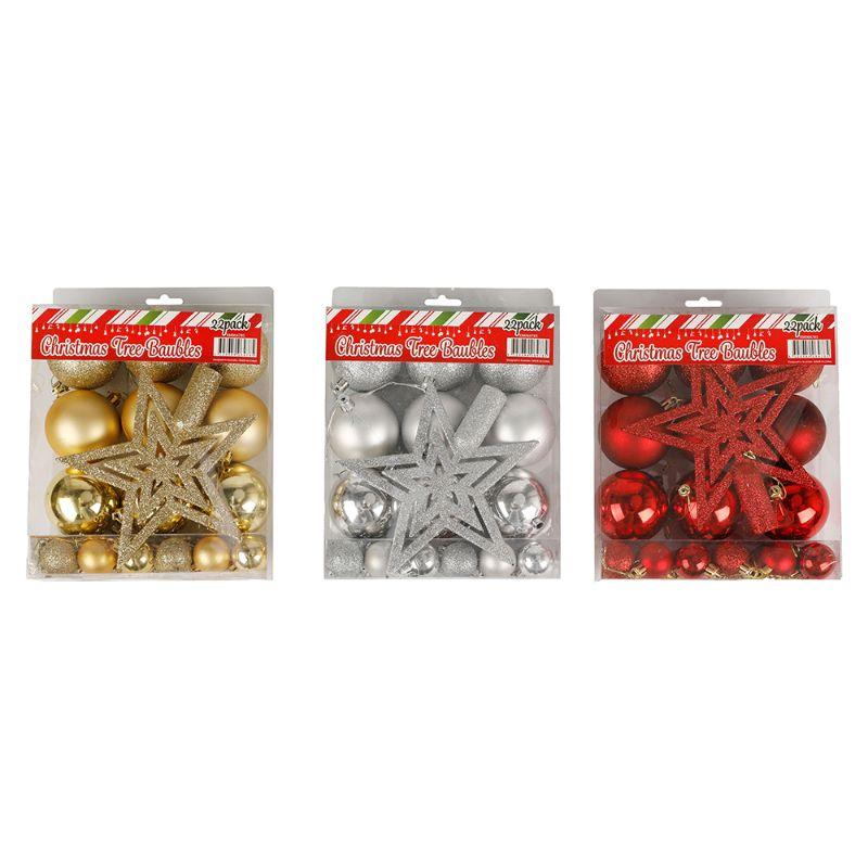 22 Pack Xmas Tree Topper & Baubles Set