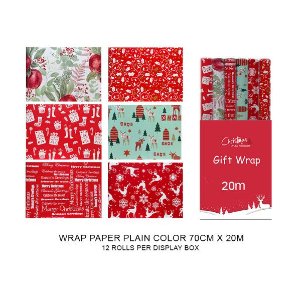XMAS GIFT WRAP 70cmx20m 6ASST