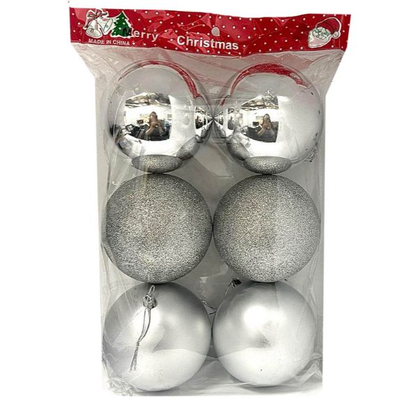 6 Pack Silver Christmas Baubles - 10cm