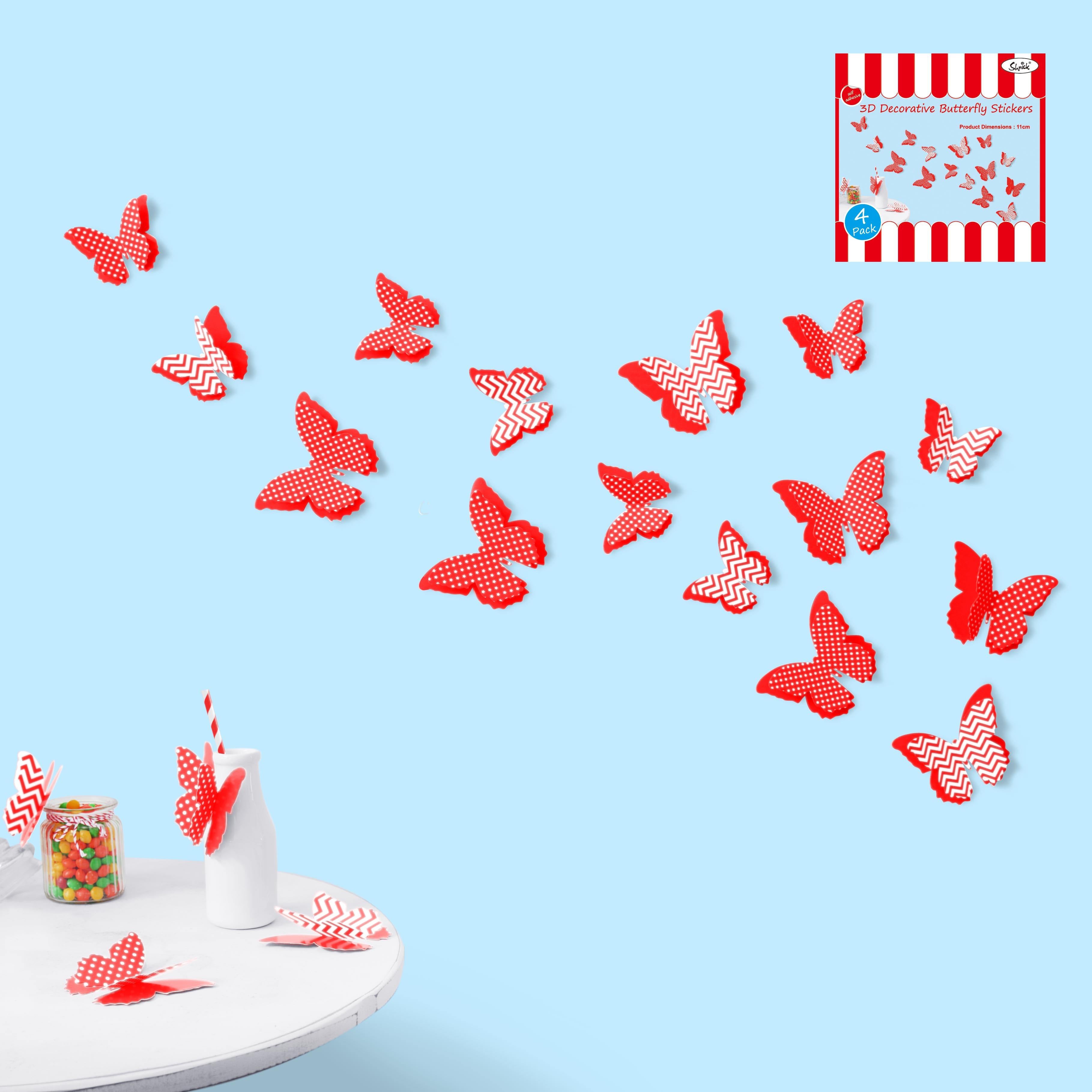 4 Pack Red 3D Butterflies Wall Stickers - 11cm - The Base Warehouse