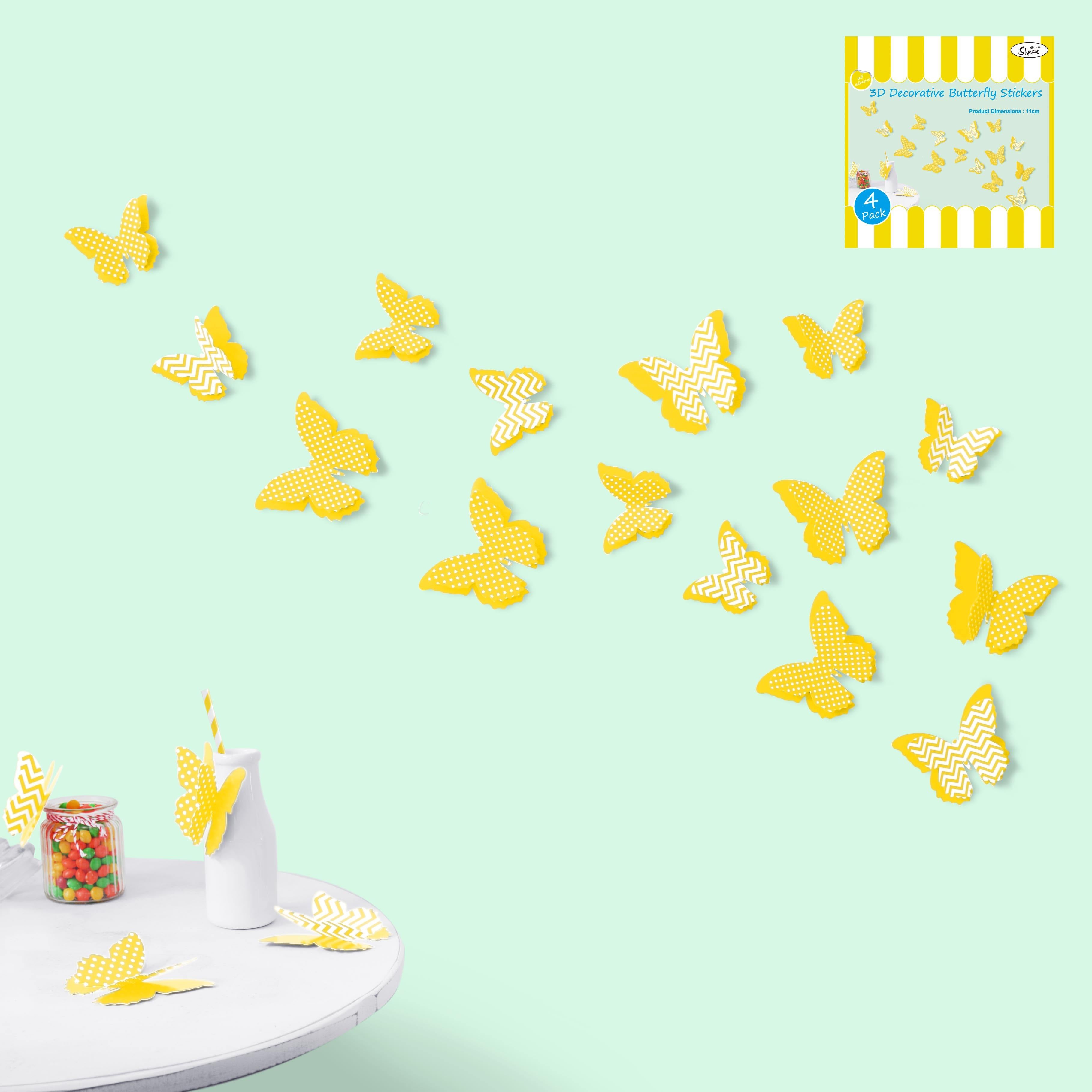 4 Pack Yellow 3D Butterflies Wall Stickers - 11cm - The Base Warehouse
