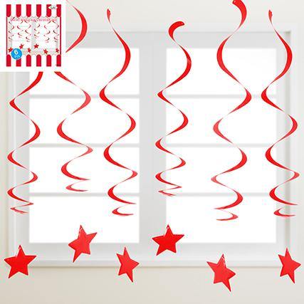 6 Pack Red Plastic Swirl Hanging Decorations with Star - The Base Warehouse