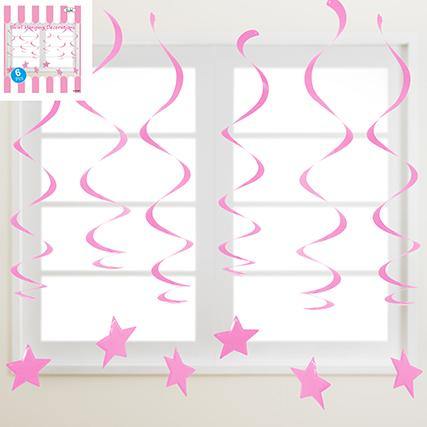 6 Pack Pink Plastic Swirl Hanging Decorations with Star