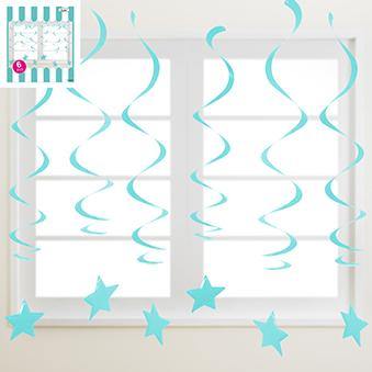 6 Pack Teal Blue Plastic Swirl Hanging Decorations with Star - The Base Warehouse
