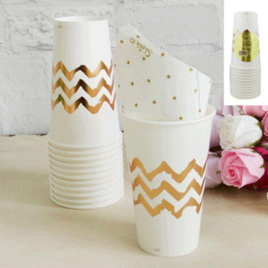12 Pack Metallic Gold Chevron Paper Cups - 500ml - The Base Warehouse