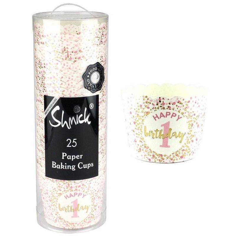25 Pack 1st Birthday Pink Paper Baking Cups - The Base Warehouse