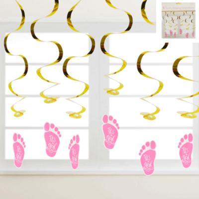 6 Pack Itâs a Girl Swirl Hanging Decorations - The Base Warehouse