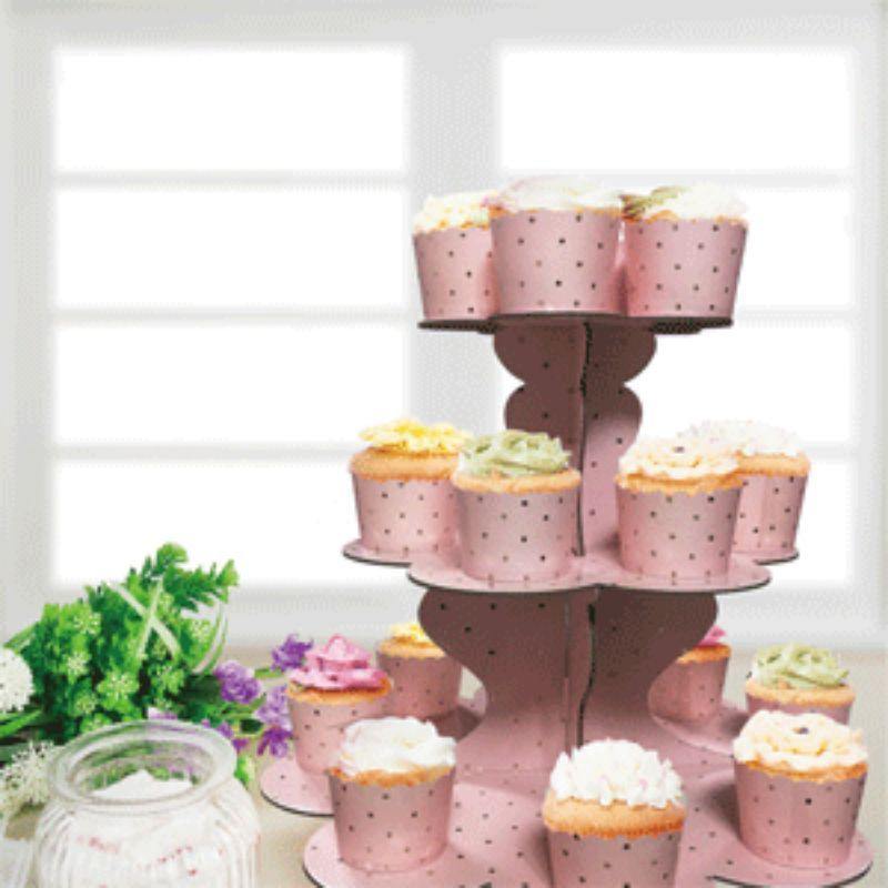 3 Tier Mini Gold Dotty Pink Cake Stand - The Base Warehouse