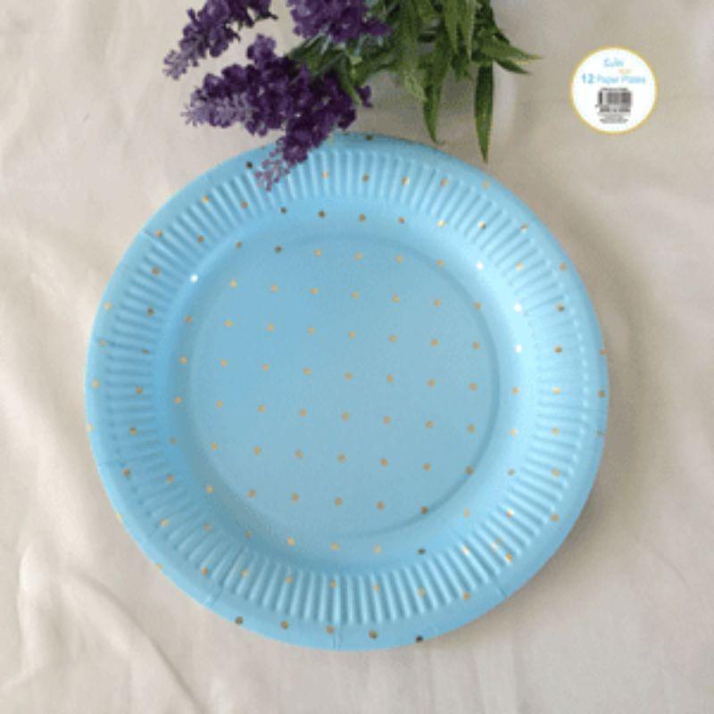 12 Pack Mini Gold Dotty Blue Paper Plates - 23cm - The Base Warehouse