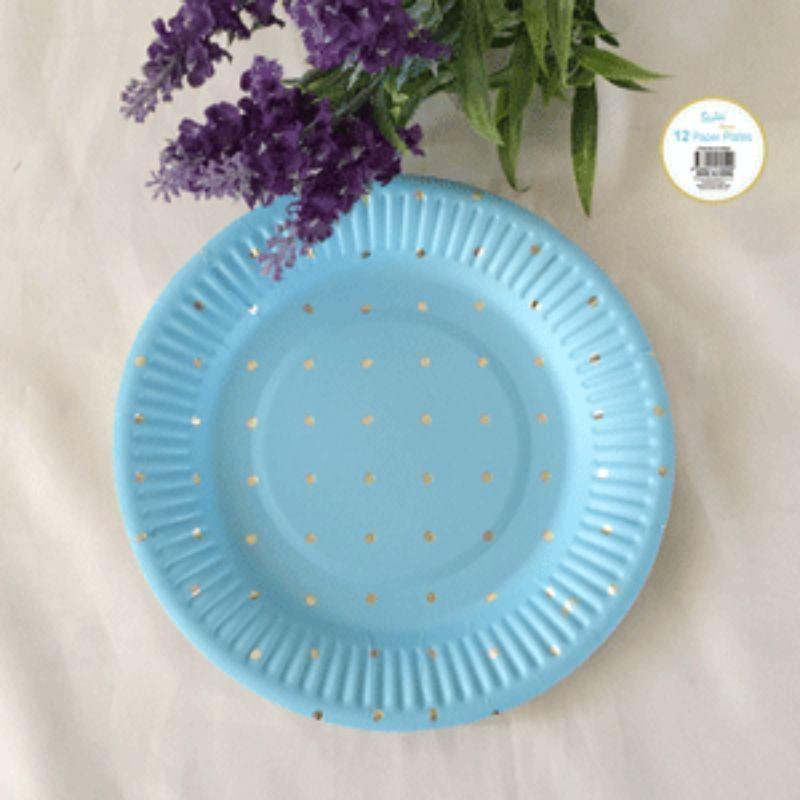 12 Pack Mini Gold Dotty Blue Paper Plates - 18cm - The Base Warehouse