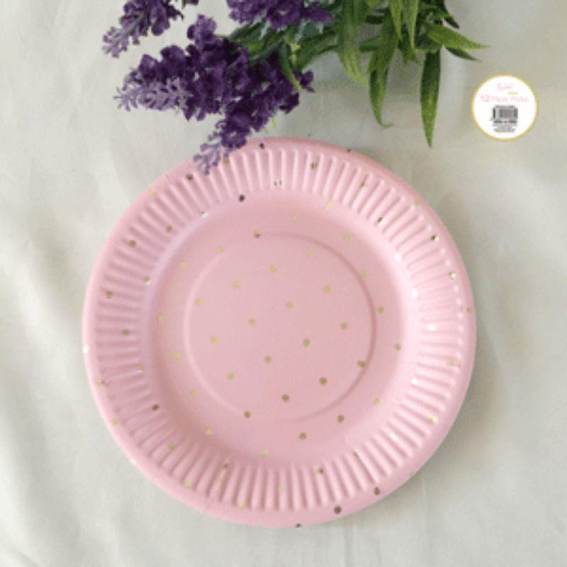12 Pack Mini Gold Dotty Pink Paper Plates - 18cm