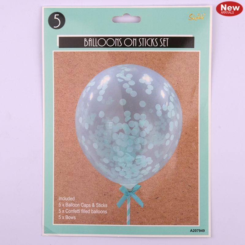 5 Pack Mint Confetti Balloons on Sticks - The Base Warehouse
