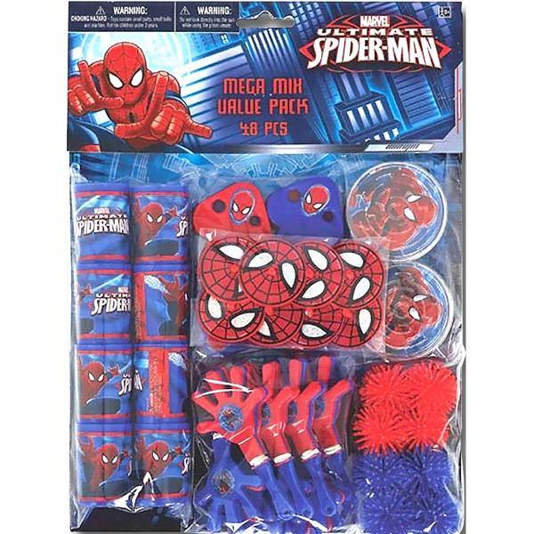 48 Piece Spiderman Mega Favor Pack - 8 of Each - Prism Viewers - Maze Puzzles - Hand Clappers - Laser Tops - Whistles & Balls - The Base Warehouse