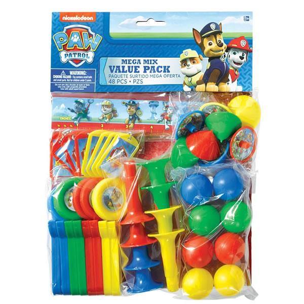Paw Patrol Mega Mix Value Favor Pack - 8 of each x Dog Tag Keychains - Rulers - Spinning Tops - Disc Shooters - Horns & Balls - The Base Warehouse