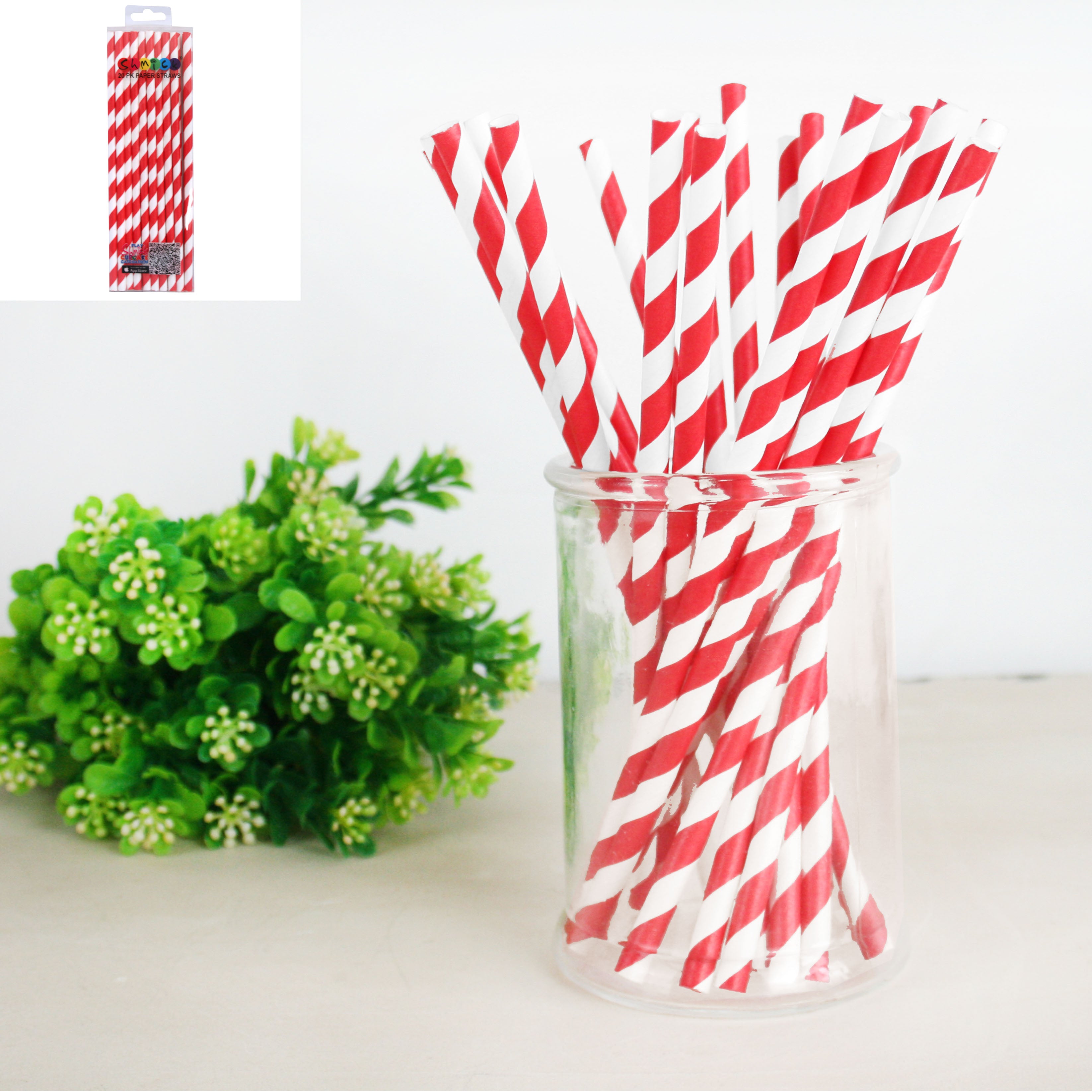 20 Pack Red Stripes Paper Straws