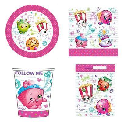 Shopkins 40 Piece Party Pack - 8 x 23cm Plates - 8 x Cups - 8 x Loot Bags - 16 x Napkins - The Base Warehouse