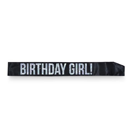 Flashing Black with Silver Lettering Birthday Girl Sash - The Base Warehouse