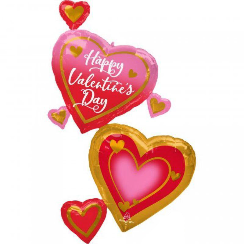 Giant Multi-Balloon Happy Valentines Day Pink, Gold & Red Foil Balloon - 83cm x 147cm