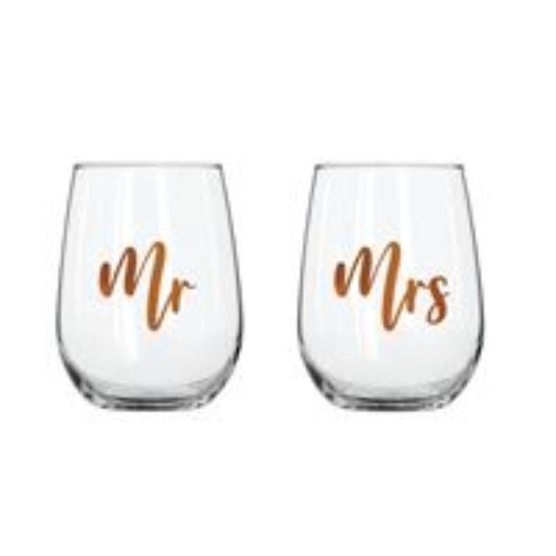 2 Pack Rose Gold Mr & Mrs Stemless Wine Glass - 600ml - The Base Warehouse