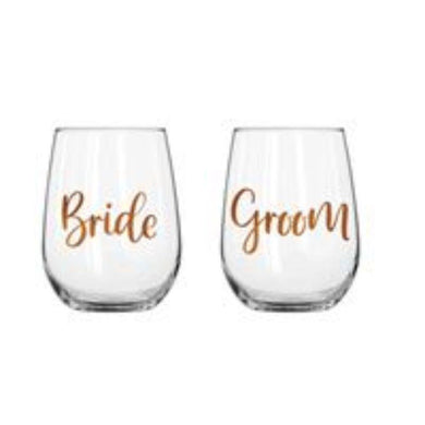 2 Pack Rose Gold Bride & Groom Stemless Wine Glass - 600ml - The Base Warehouse