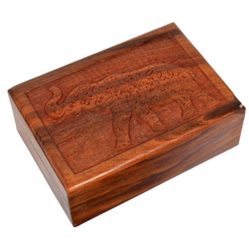 Mandala Elephant Carved Sheesham Wood Box - 18cm x 13cm - The Base Warehouse