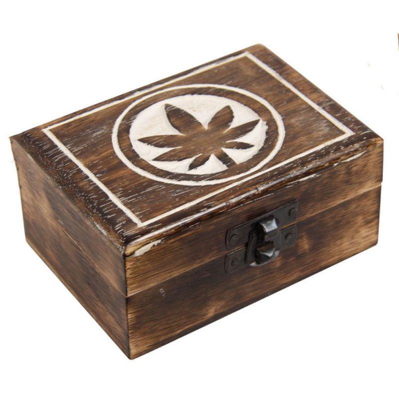 Mango Wood Box with Pot Leaf Design - The Base Warehouse