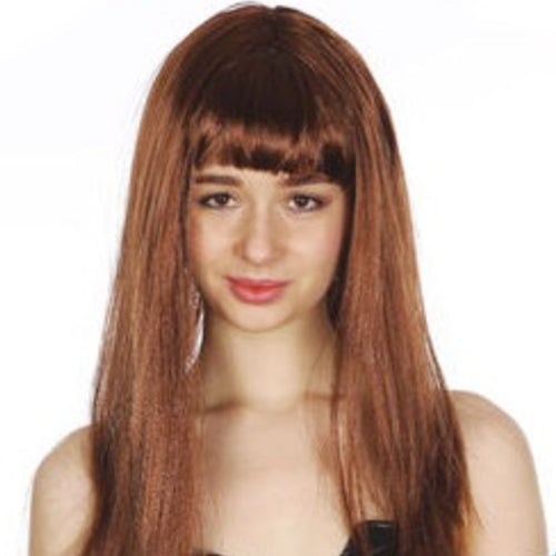 Womens Dark Brown Long Straight Wig with Fringe