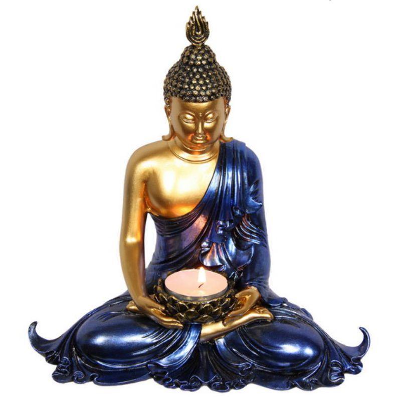 Gold/Blue Rulai Buddha Candle Holder - 21cm - The Base Warehouse