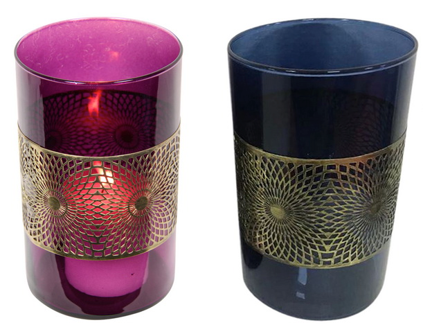 Pink / Blue with Gold Pattern Metal Candle Holder - 20cm - The Base Warehouse