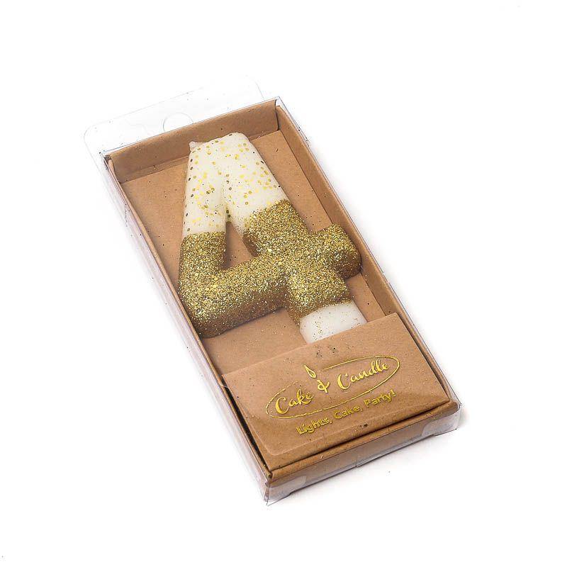 Gold Glitter Dipped Number 4 Candle - 8cm - The Base Warehouse